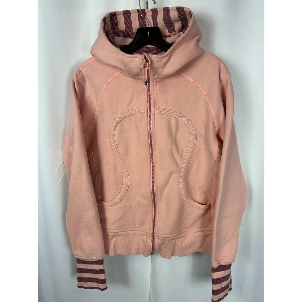 Lululemon Scuba Full Zip Hoodie Pink Striped Trim Athletic Sweatshirt Size 12